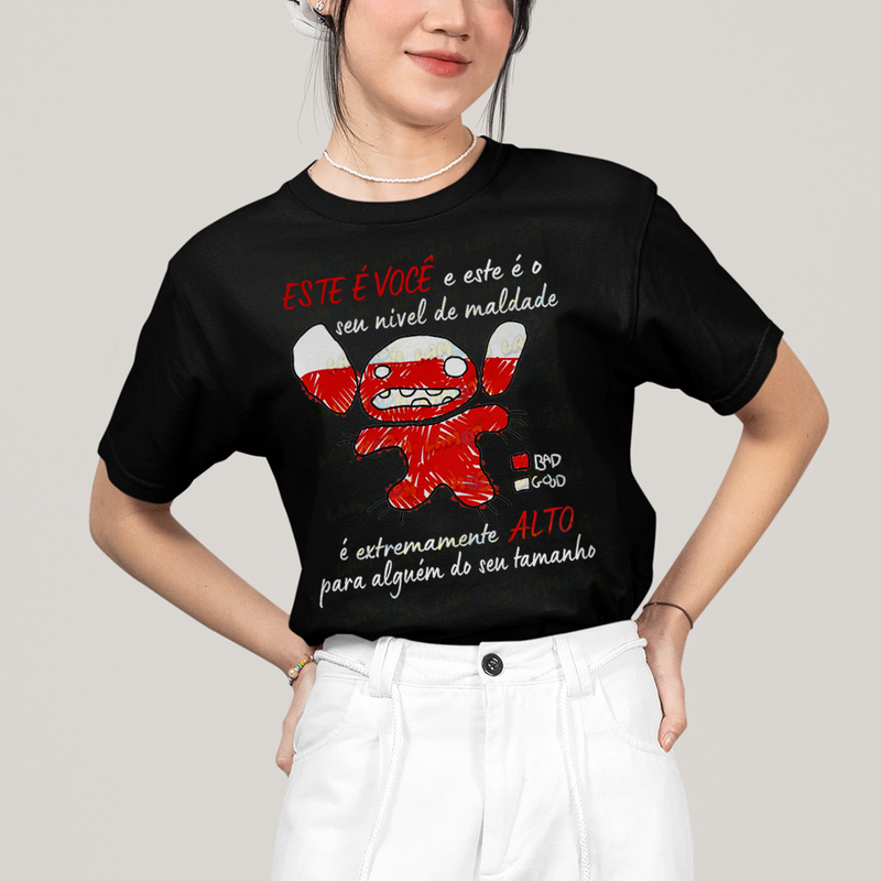 Camiseta Algodão Unissex T shirt Lilo & Stitch Seu nível de maldade