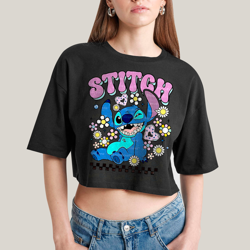 Cropped Oversized Algodão Unissex T shirt Lilo & Stitch Piscando