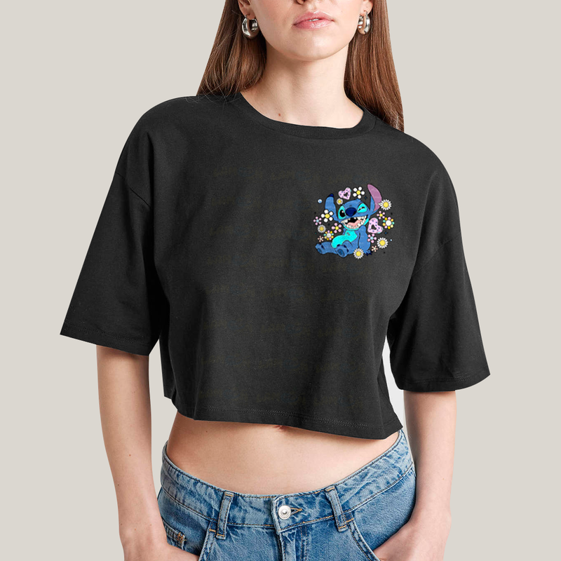Cropped Oversized Algodão Unissex T shirt Lilo & Stitch Piscando FC