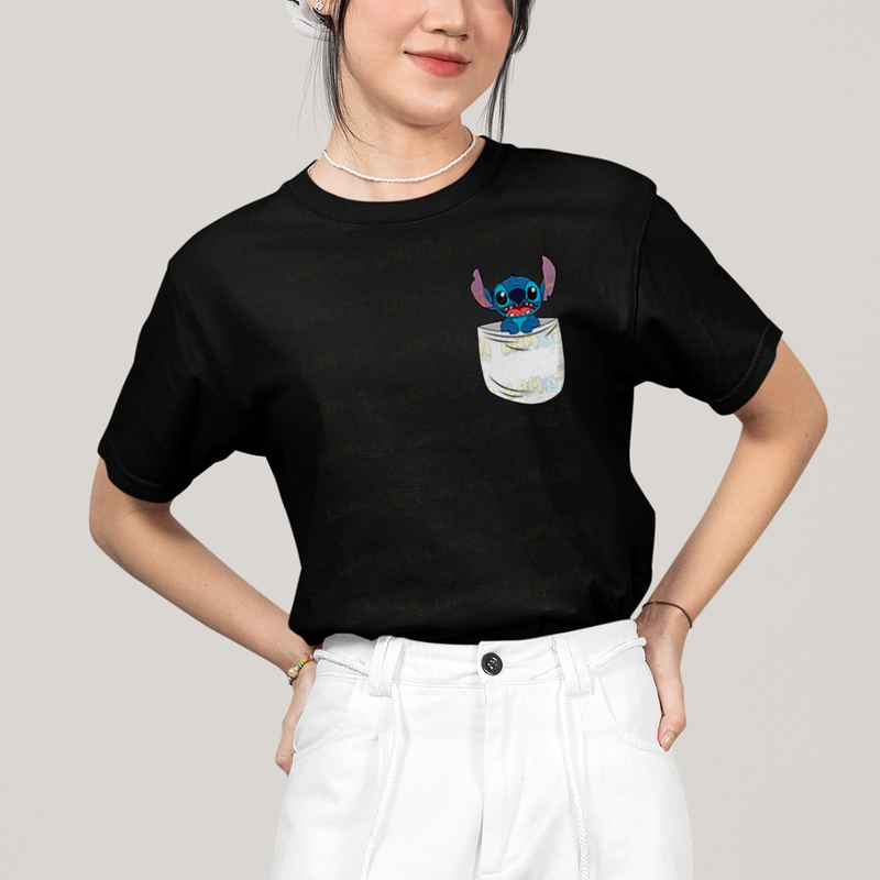 Camiseta Algodão Unissex T shirt Lilo & Stitch Bolso