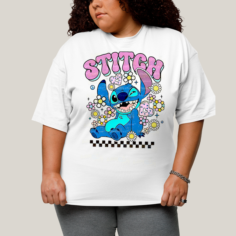 Camiseta Plus Size Algodão Unissex T shirt Lilo & Stitch Piscando