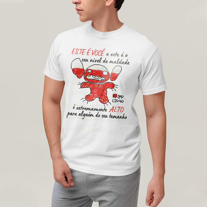Camiseta Algodão Unissex T shirt Lilo & Stitch Seu nível de maldade