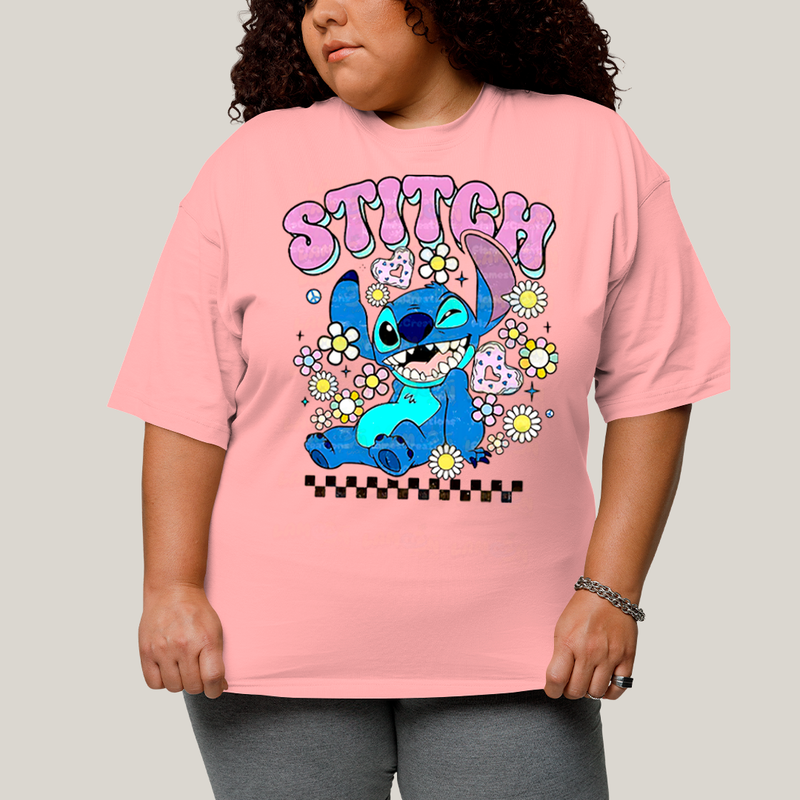 Camiseta Plus Size Algodão Unissex T shirt Lilo & Stitch Piscando