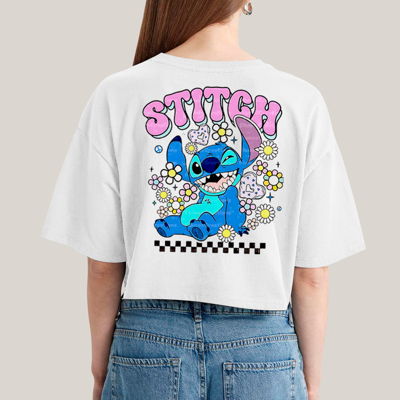 Cropped Oversized Algodão Unissex T shirt Lilo & Stitch Piscando FC