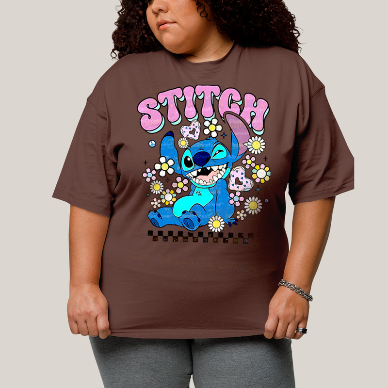Camiseta Plus Size Algodão Unissex T shirt Lilo & Stitch Piscando