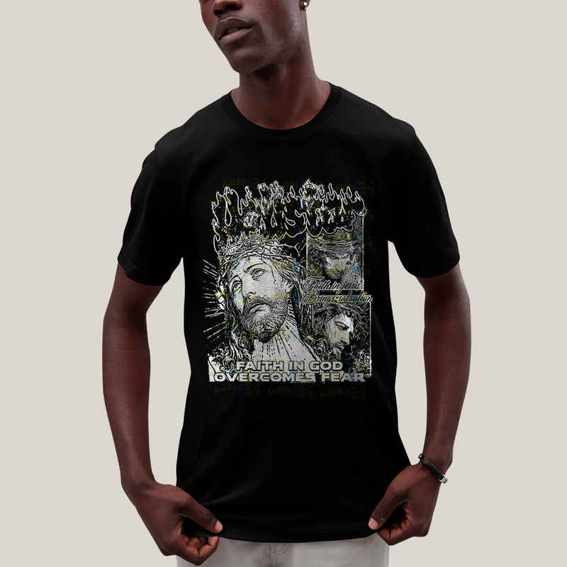 Camiseta Algodão Unissex T shirt Jesus Cristo Faith In God overcomes fear