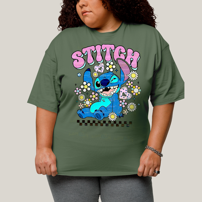 Camiseta Plus Size Algodão Unissex T shirt Lilo & Stitch Piscando
