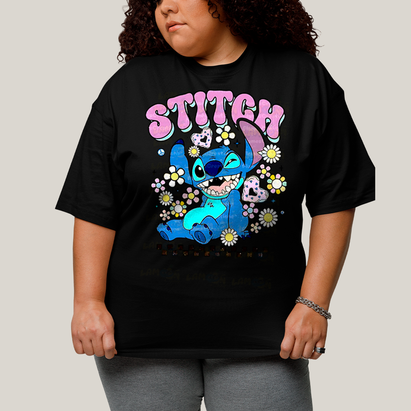 Camiseta Plus Size Algodão Unissex T shirt Lilo & Stitch Piscando