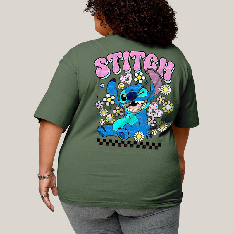 Camiseta Plus Size Algodão Unissex T shirt Lilo & Stitch Piscando FC