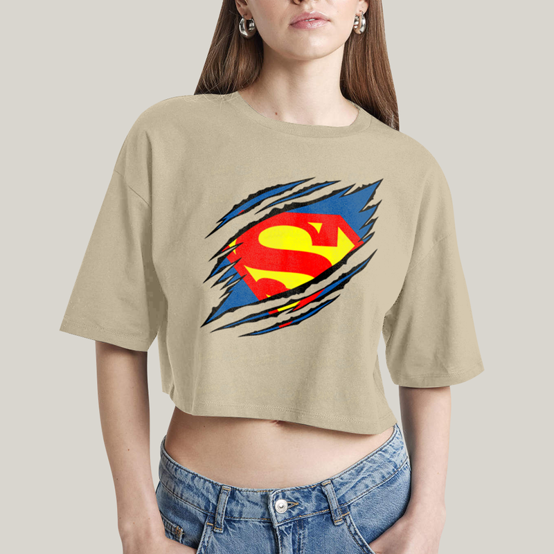 Cropped Oversized Algodão Unissex T shirt Superman Logo Rasgada