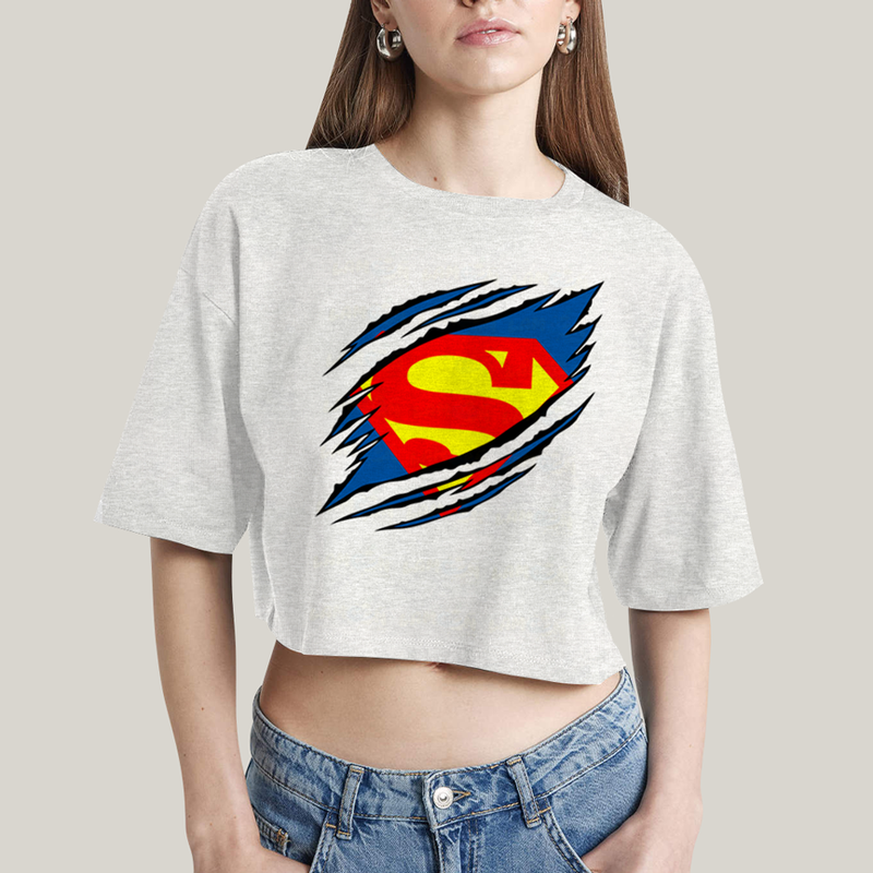 Cropped Oversized Algodão Unissex T shirt Superman Logo Rasgada