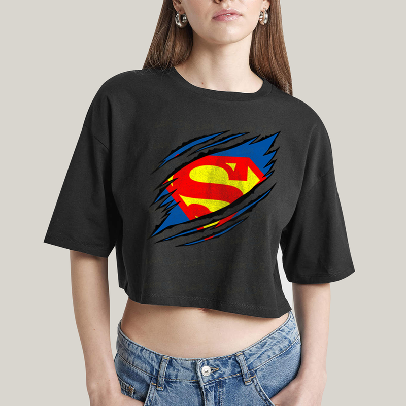 Cropped Oversized Algodão Unissex T shirt Superman Logo Rasgada