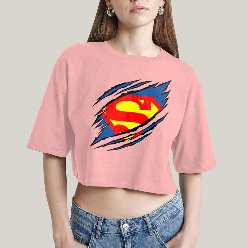 Cropped Oversized Algodão Unissex T shirt Superman Logo Rasgada