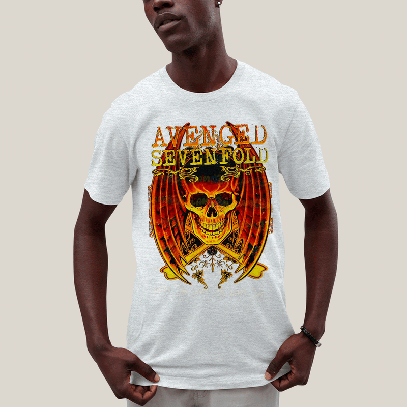 Camiseta Algodão Unissex T shirt- Avenged Sevenfold Esqueleto de Asas Laranja