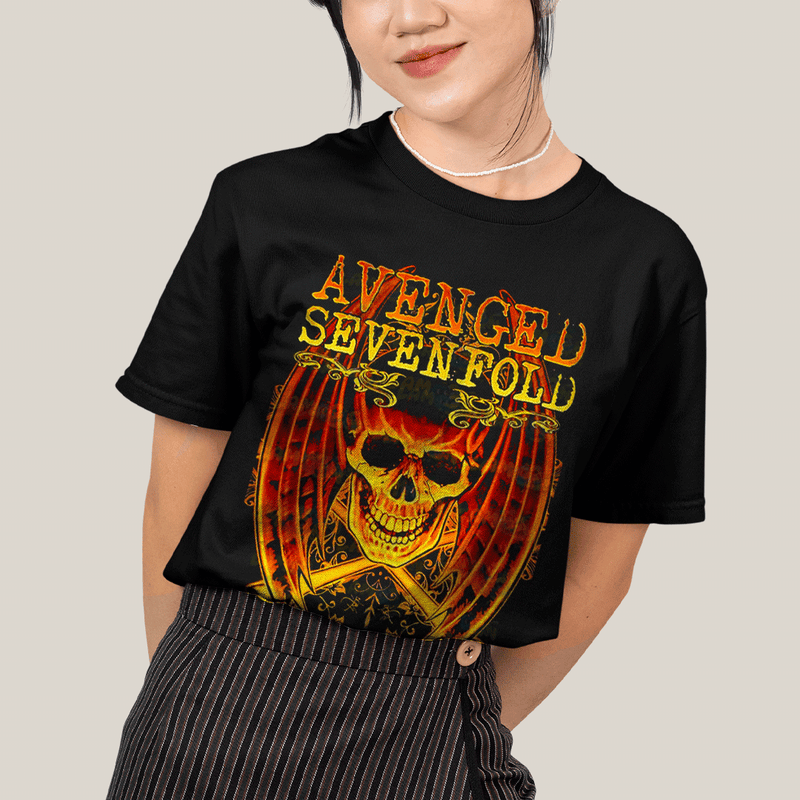 Camiseta Algodão Unissex T shirt- Avenged Sevenfold Esqueleto de Asas Laranja