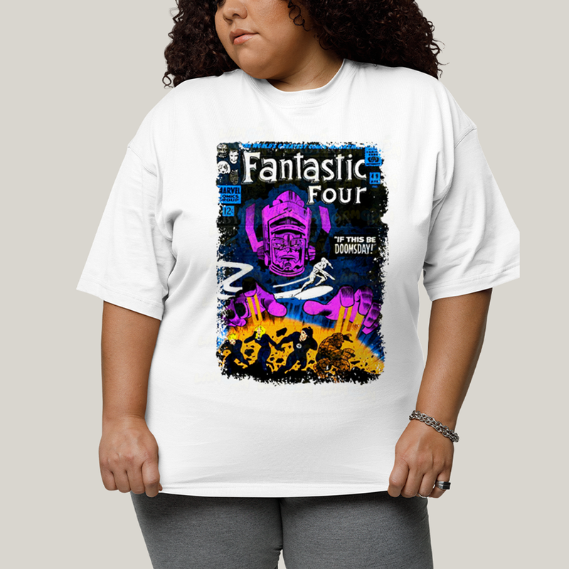 Camiseta Plus Size Algodão Unissex T shirt Quarteto Fantástico vs Galactus Capa de HQ