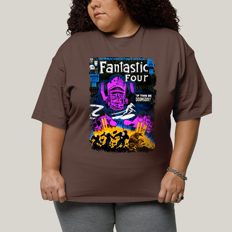 Camiseta Plus Size Algodão Unissex T shirt Quarteto Fantástico vs Galactus Capa de HQ