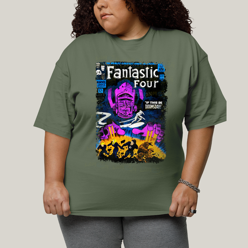 Camiseta Plus Size Algodão Unissex T shirt Quarteto Fantástico vs Galactus Capa de HQ