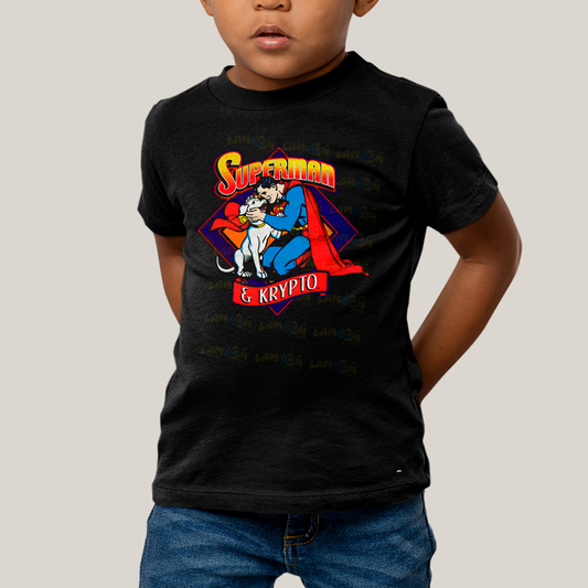 Camiseta Infantil Algodão Unissex T shirt Superman & Krypto Supercão Abraço