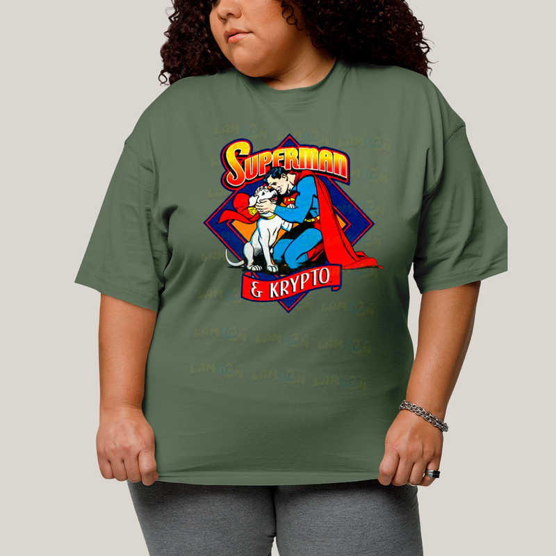 Camiseta Plus Size Algodão Unissex T shirt Superman & Krypto Supercão Abraço