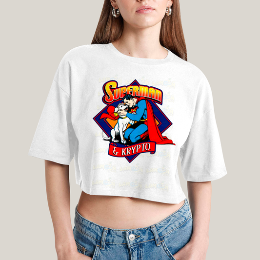 Cropped Oversized Algodão Unissex T shirt Superman & Krypto Supercão Abraço