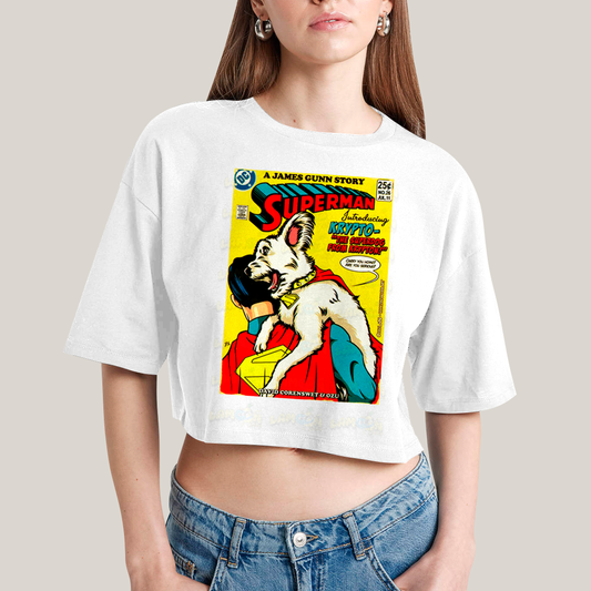 Cropped Oversized Algodão Unissex T shirt Superman & Krypto Supercão HQ