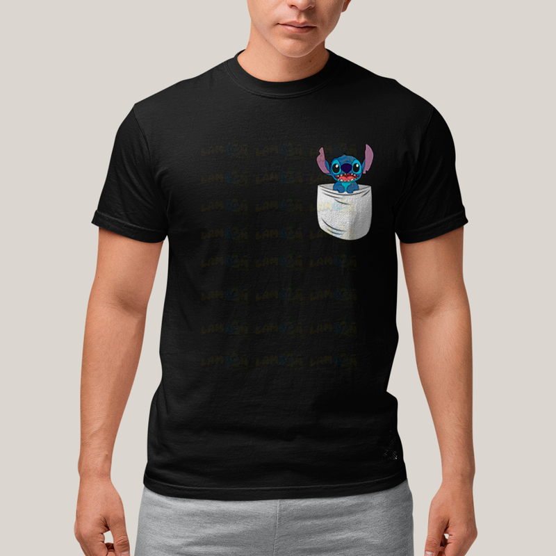 Camiseta Algodão Unissex T shirt Lilo & Stitch Bolso F/C