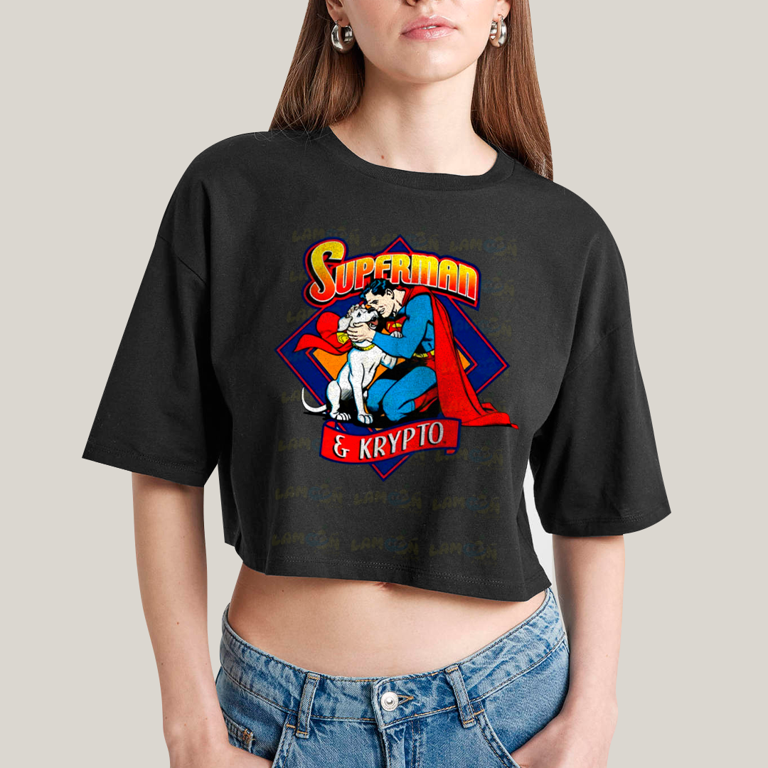 Cropped Oversized Algodão Unissex T shirt Superman & Krypto Supercão Abraço