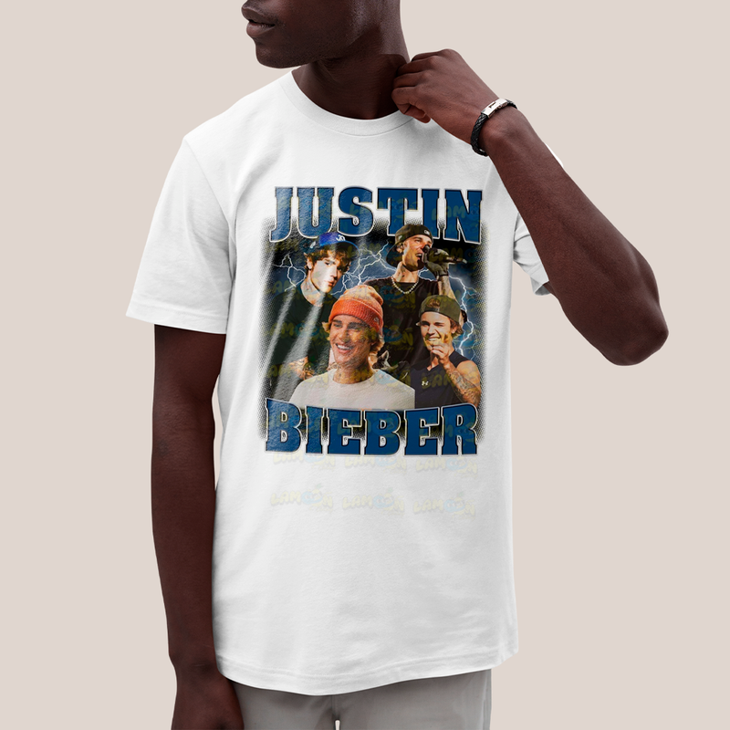 Camiseta Algodão Unissex T shirt Graphic Tee Justin Bieber Azul