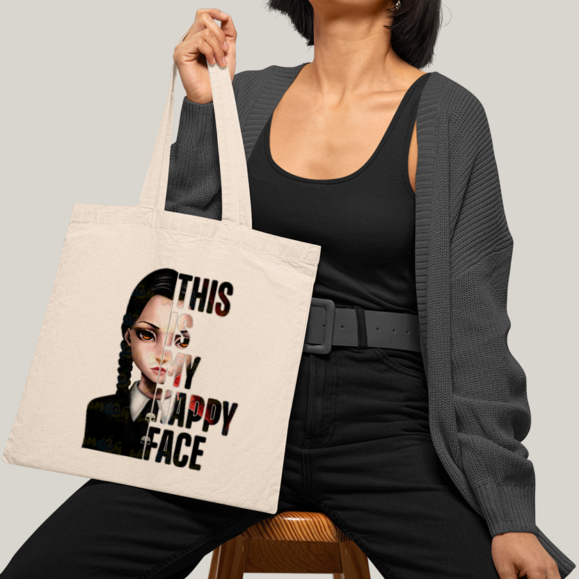 Sacola Ecobag Bolsa 38X40 Algodão- Wandinha Essa é Minha Cara Feliz