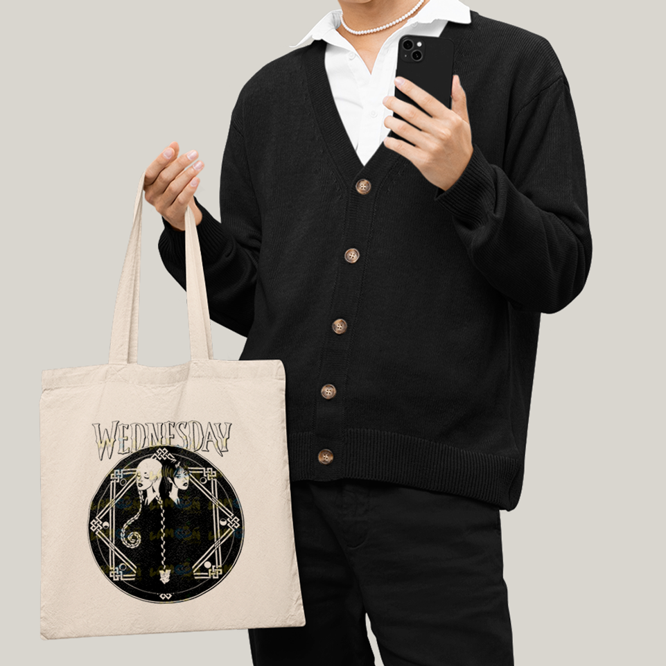 Sacola Ecobag Bolsa 38X40 Algodão- Wandinha Wednesday Black White