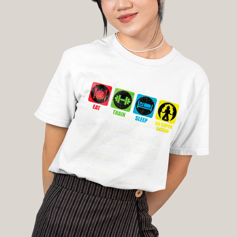Camiseta Algodão Unissex T shirt Academia Eat Train Sleep Go Super Sayan