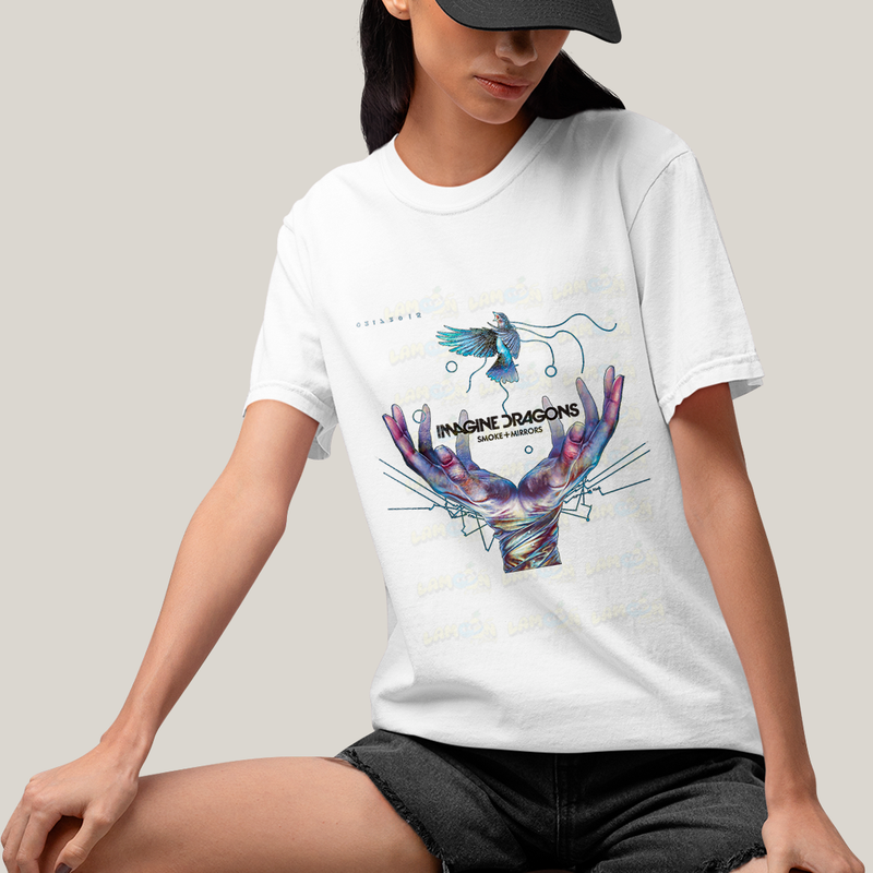 Camiseta Algodão Unissex T shirt - Imagine Dragons Smoke e Mirrors Azul passaro maos
