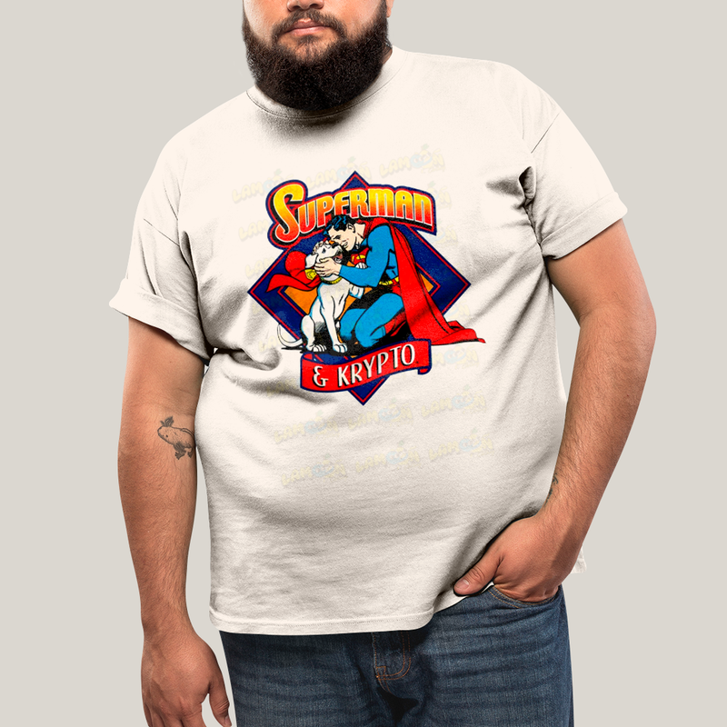 Camiseta Plus Size Algodão Unissex T shirt Superman & Krypto Supercão Abraço