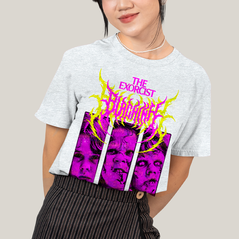 Camiseta Algodão Unissex T shirt - O Exorcista FIlme de Terror roxo e amarelo