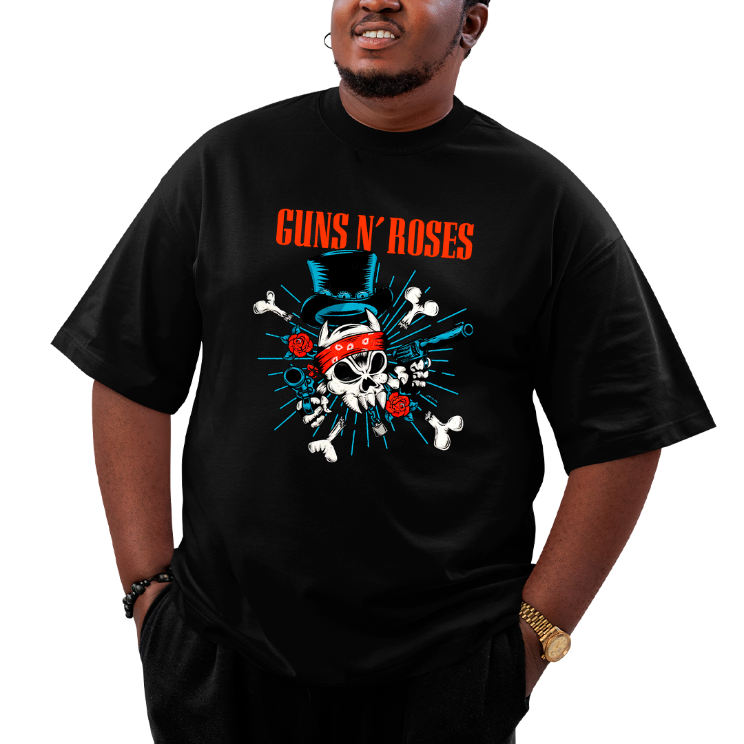 Camiseta Plus Size Roses Banda Caveira Gun