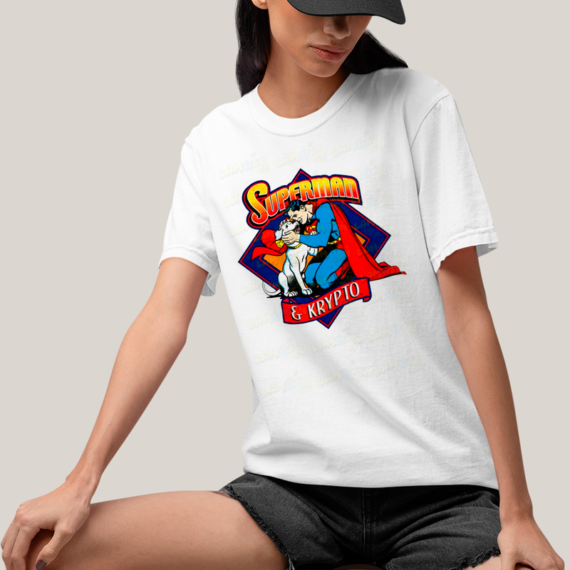 Camiseta Algodão Unissex T shirt Superman & Krypto Supercão Abraço