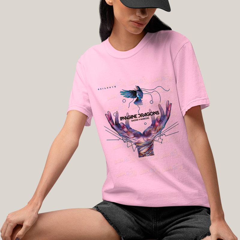 Camiseta Algodão Unissex T shirt - Imagine Dragons Smoke e Mirrors Azul passaro maos