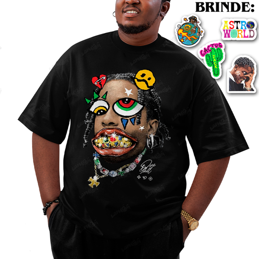 Camiseta Plus Size Algodão Travis Scott Dentes de Ouro