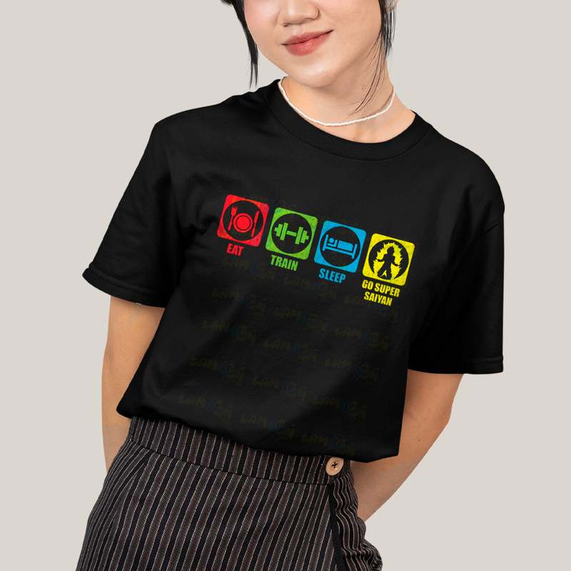 Camiseta Algodão Unissex T shirt Academia Eat Train Sleep Go Super Sayan