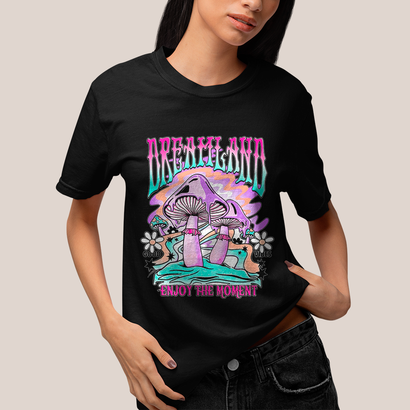 Camiseta Algodão Unissex T shirt - Dreamland enjoy the moment good vibes cogumelo
