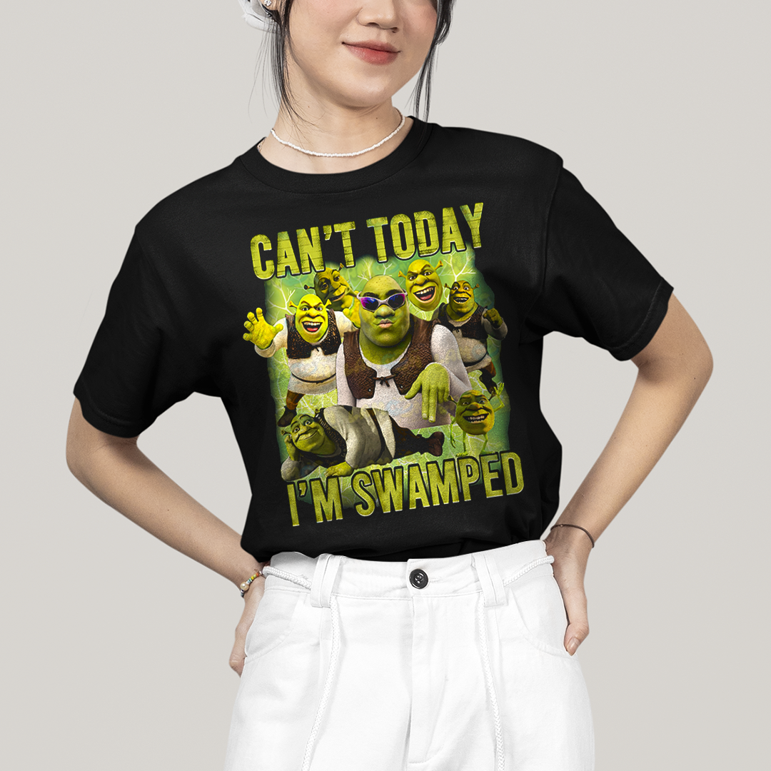 Camiseta Algodão Unissex T shirt Graphic Tee Sherek Meme cant today im swamped