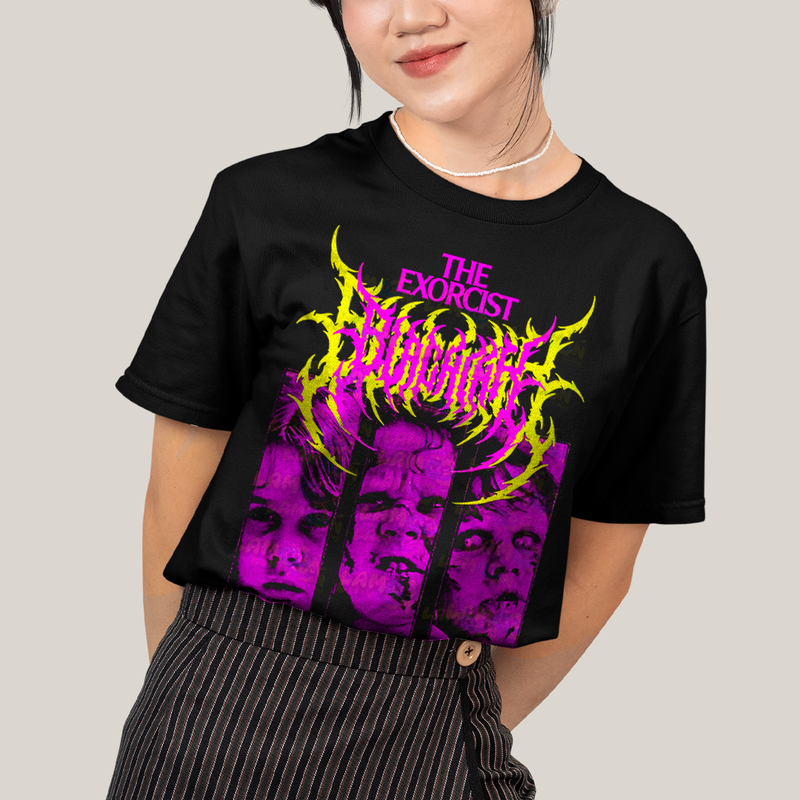 Camiseta Algodão Unissex T shirt - O Exorcista FIlme de Terror roxo e amarelo