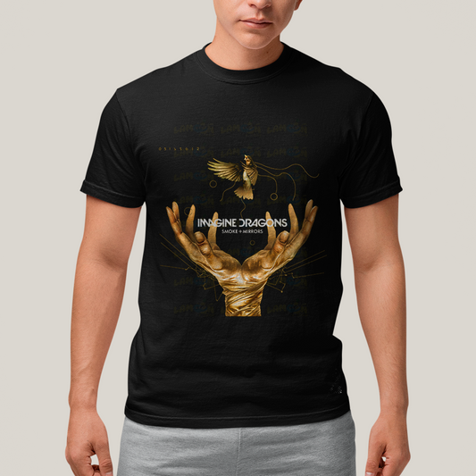 Camiseta Algodão Unissex T shirt -  Imagine Dragons Smoke e Mirrors amarelo passaro maos