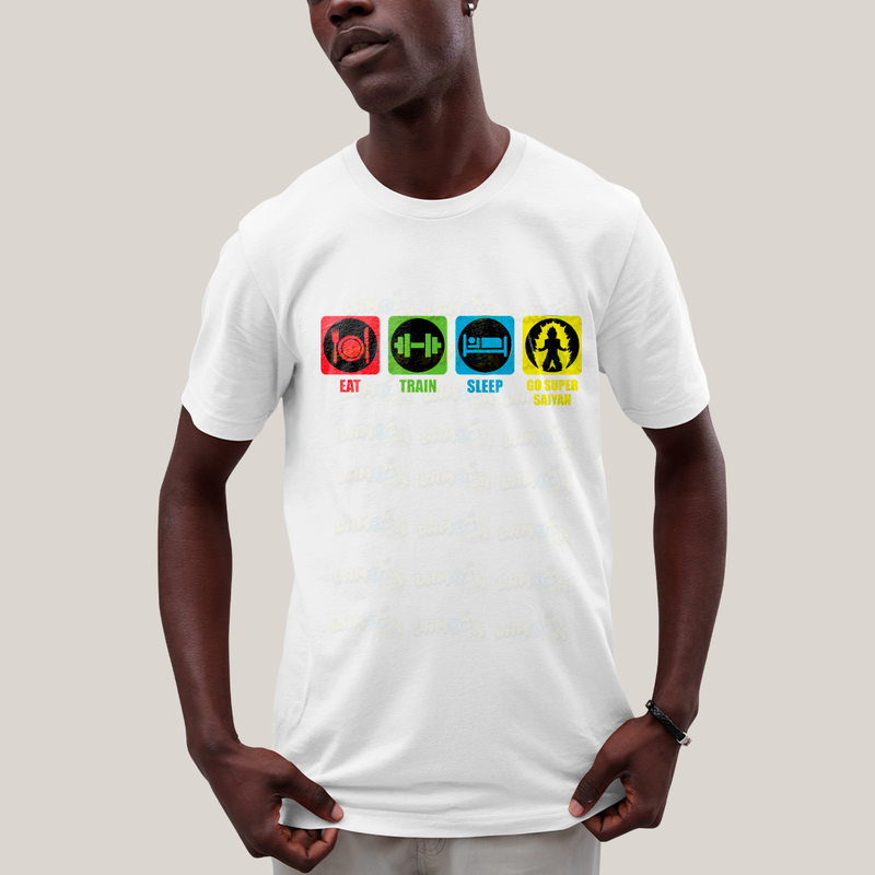 Camiseta Algodão Unissex T shirt Academia Eat Train Sleep Go Super Sayan