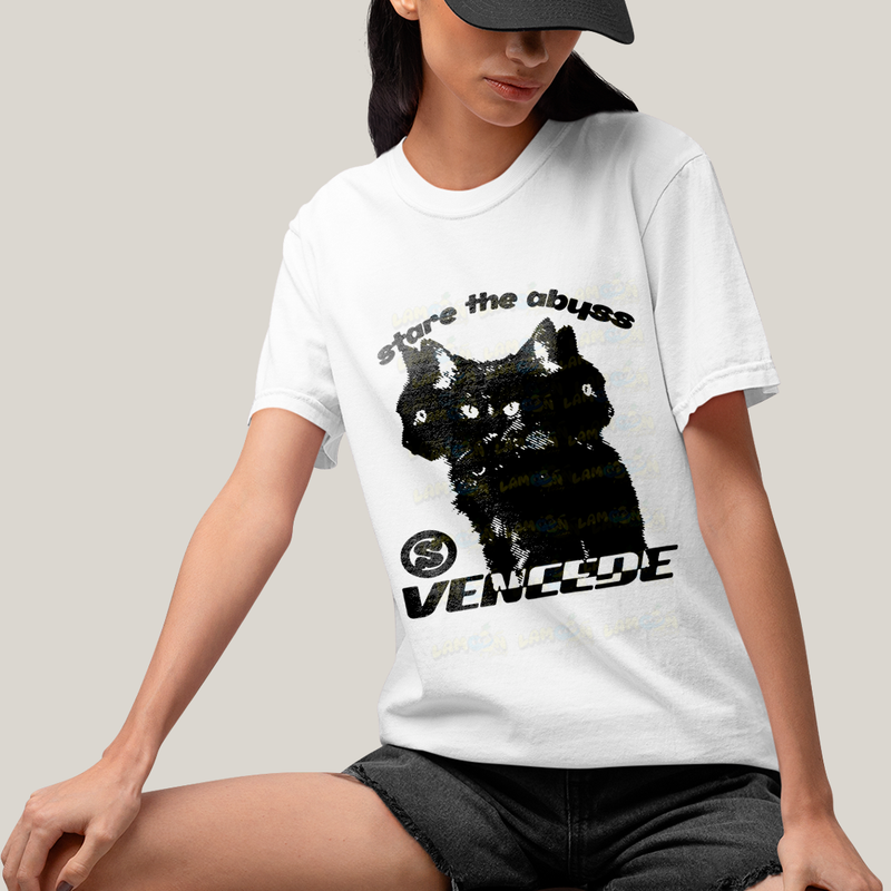 Camiseta Algodão Unissex T shirt - Vencede gato cat stare the abhss
