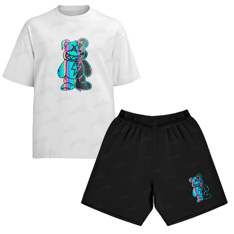 Kit Camiseta e Bermuda Moletom Urso Psicodélico