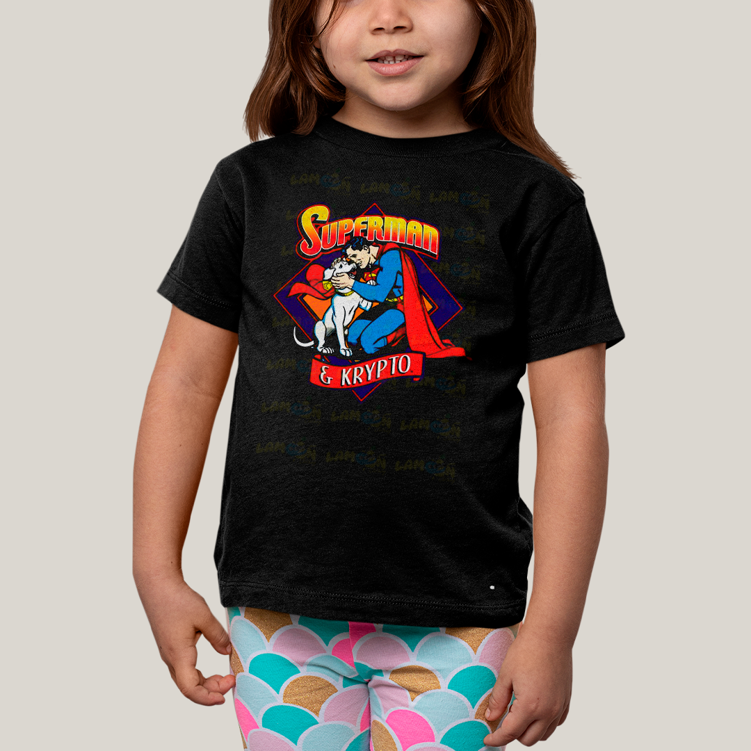 Camiseta Infantil Algodão Unissex T shirt Superman & Krypto Supercão Abraço