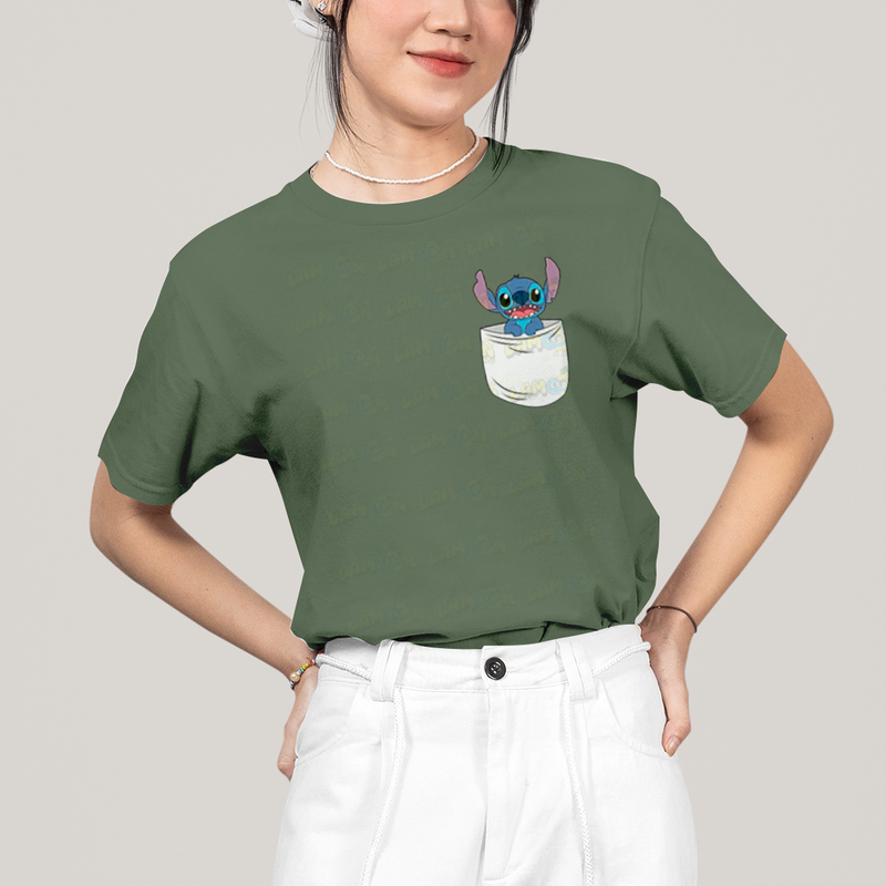 Camiseta Algodão Unissex T shirt Lilo & Stitch Bolso