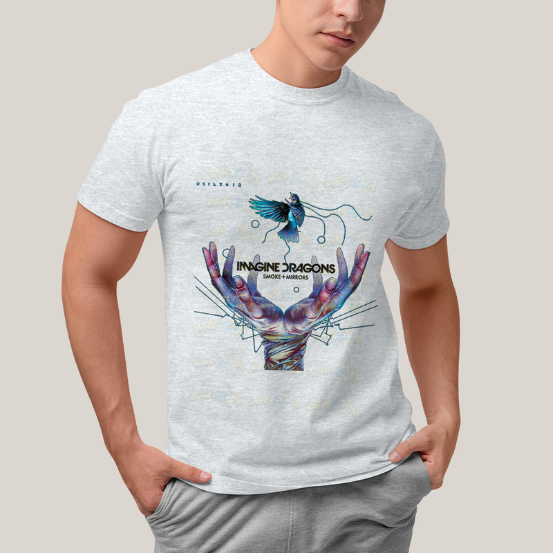Camiseta Algodão Unissex T shirt - Imagine Dragons Smoke e Mirrors Azul passaro maos